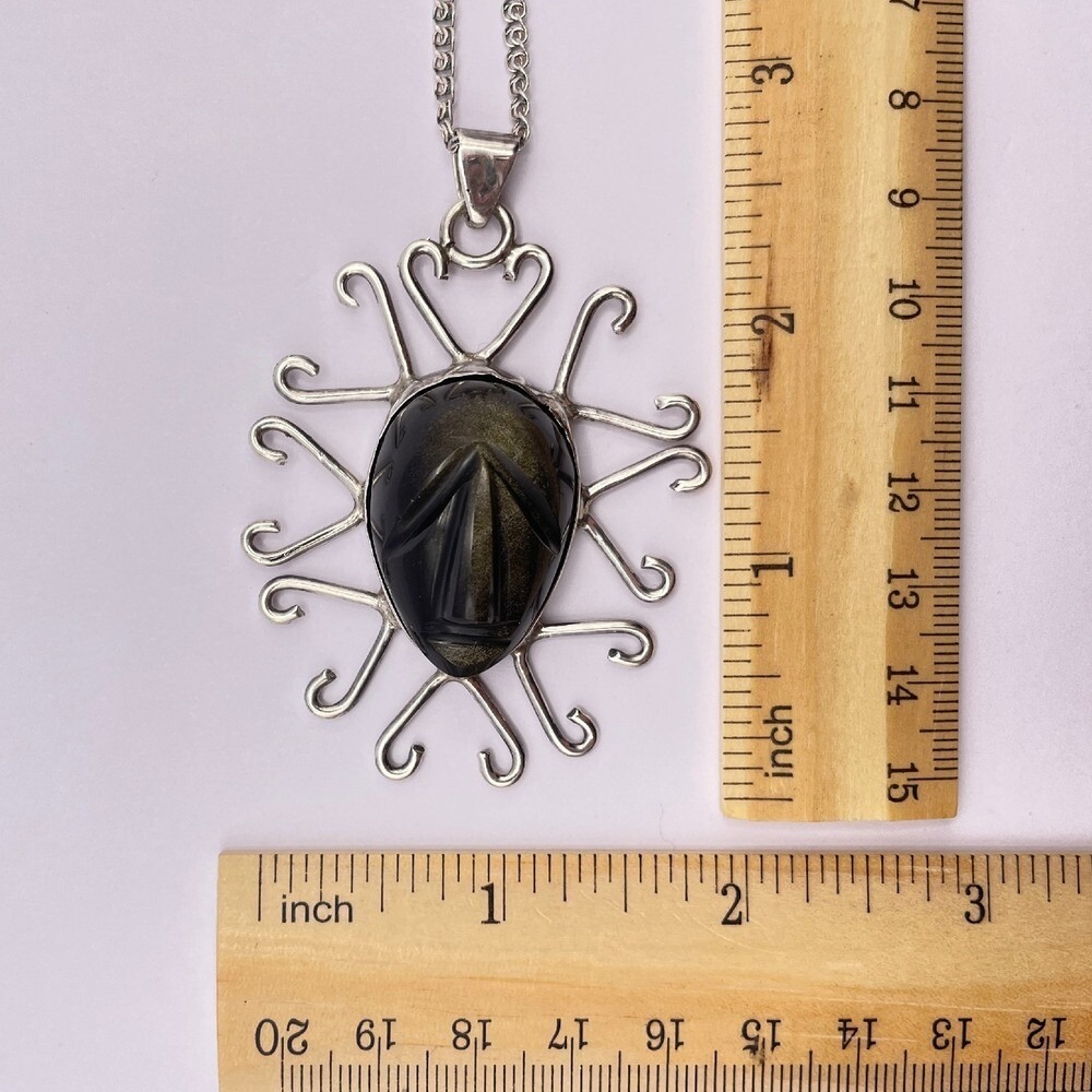 Vintage Taxco Miguel Garcia Warrior Face Pendant Necklace Golden Sheen Obsidian - Picture 9 of 10